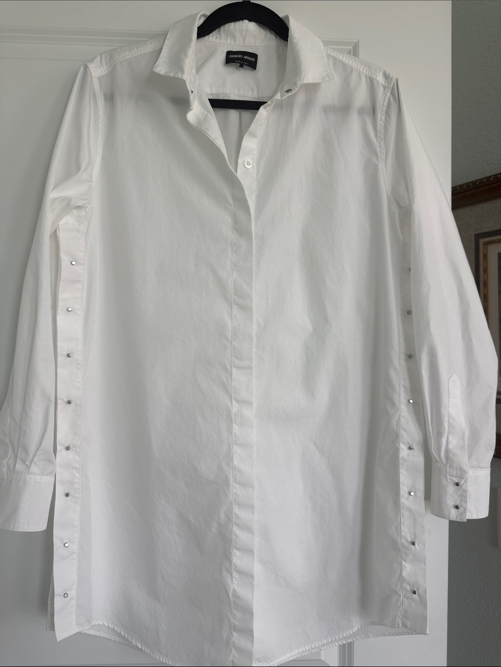 Giorgio Armani White Longline Stud-Trim Poplin Shirt-tunic